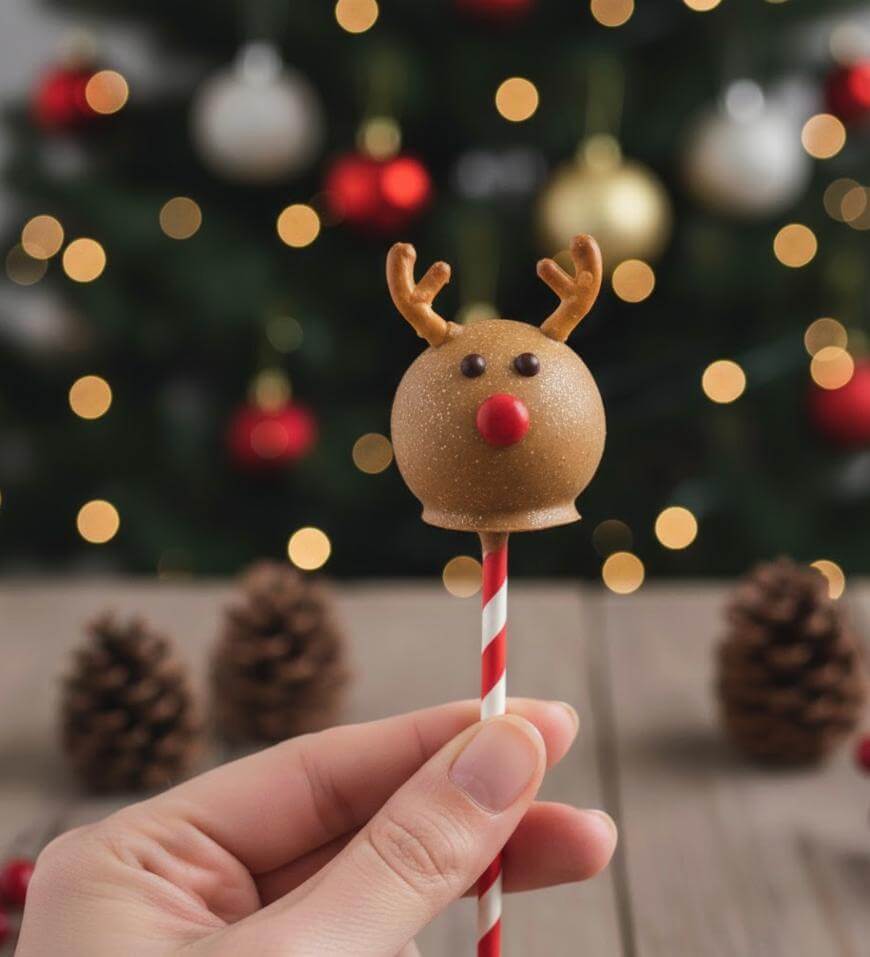 A hand holds a cake pop decorated like a reindeer with antlers and a red nose. In the background, there is a blurred, decorated Christmas tree and pinecones on a wooden surface.