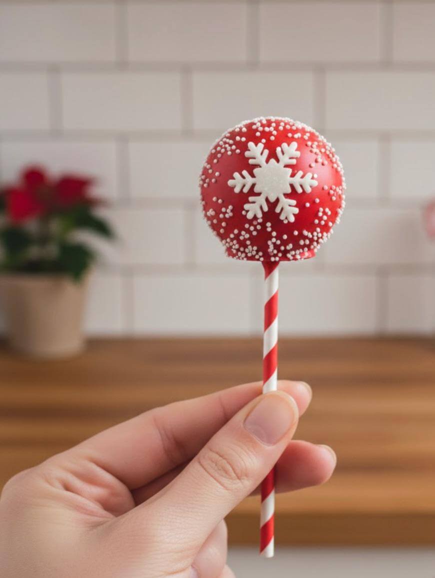 A hand holds a red cake pop decorated with a white snowflake and white sprinkles, on a red-and-white striped stick. A blurred background shows white subway tiles and a potted plant.