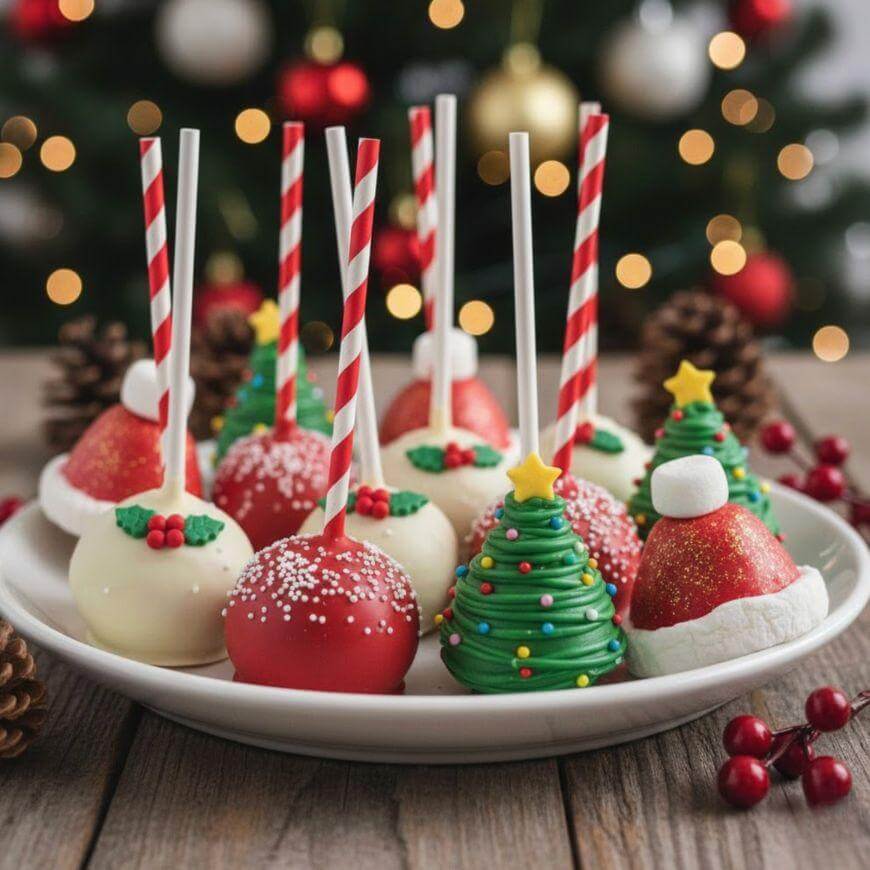 A plate of festive cake pops decorated as Christmas trees, Santa hats, and baubles with red, white, and green colors. The background features a blurred Christmas tree and twinkling lights.