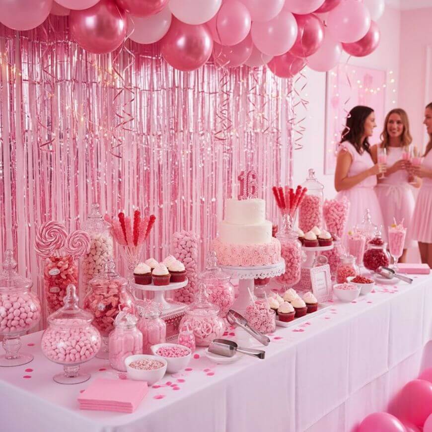 A pink-themed sweet sixteen party dessert table with a cake, cupcakes, candies, and pink decorations, including balloons and tinsel, as three girls in pink dresses chat in the background.