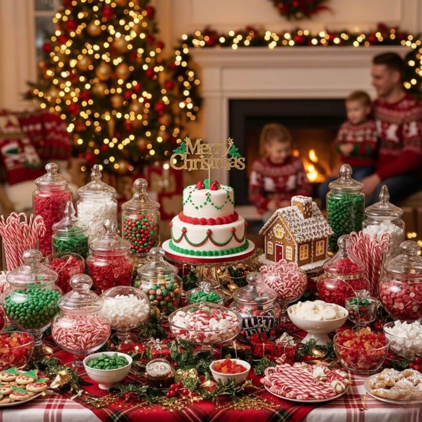 A festive table filled with Christmas candies, cookies, and a decorated cake is set in front of a lit Christmas tree and fireplace. Two children and an adult in holiday sweaters sit in the background.