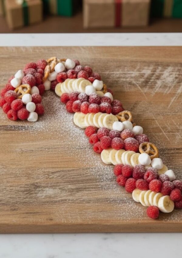 A candy cane-shaped arrangement of raspberries, banana slices, mini marshmallows, and pretzels is displayed on a wooden board, dusted with powdered sugar. Wrapped gifts are blurred in the background.