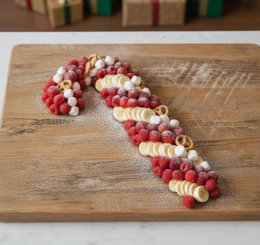 A candy cane shape made from raspberries, banana slices, pretzels, and mini marshmallows arranged on a wooden board, dusted with powdered sugar. Gift boxes sit blurred in the background.