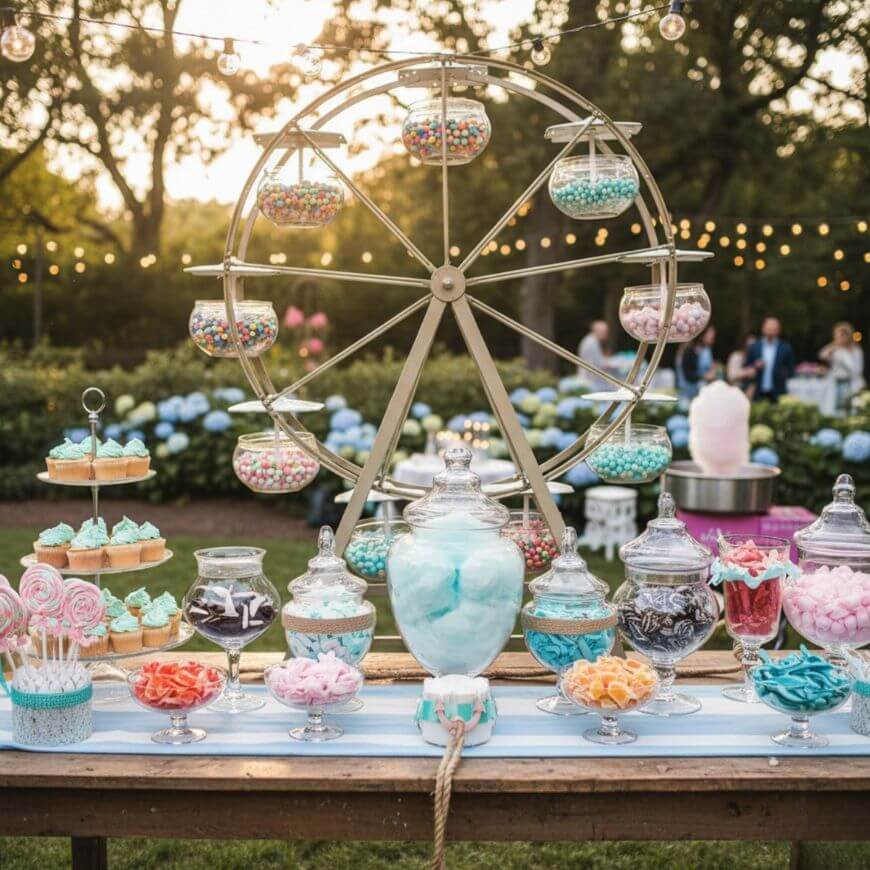 Outdoor candy buffet with a Ferris wheel display holding jars of colorful candies, surrounded by glass jars of various sweets and cupcakes. String lights and flowers are in the background on a sunny day.