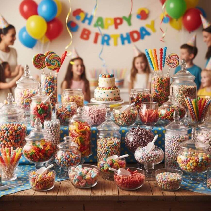 A colorful birthday party setup with a “Happy Birthday” banner, balloons, and a dessert table filled with assorted candies in jars, lollipops, and a decorated cake. Children and adults celebrate in the background.