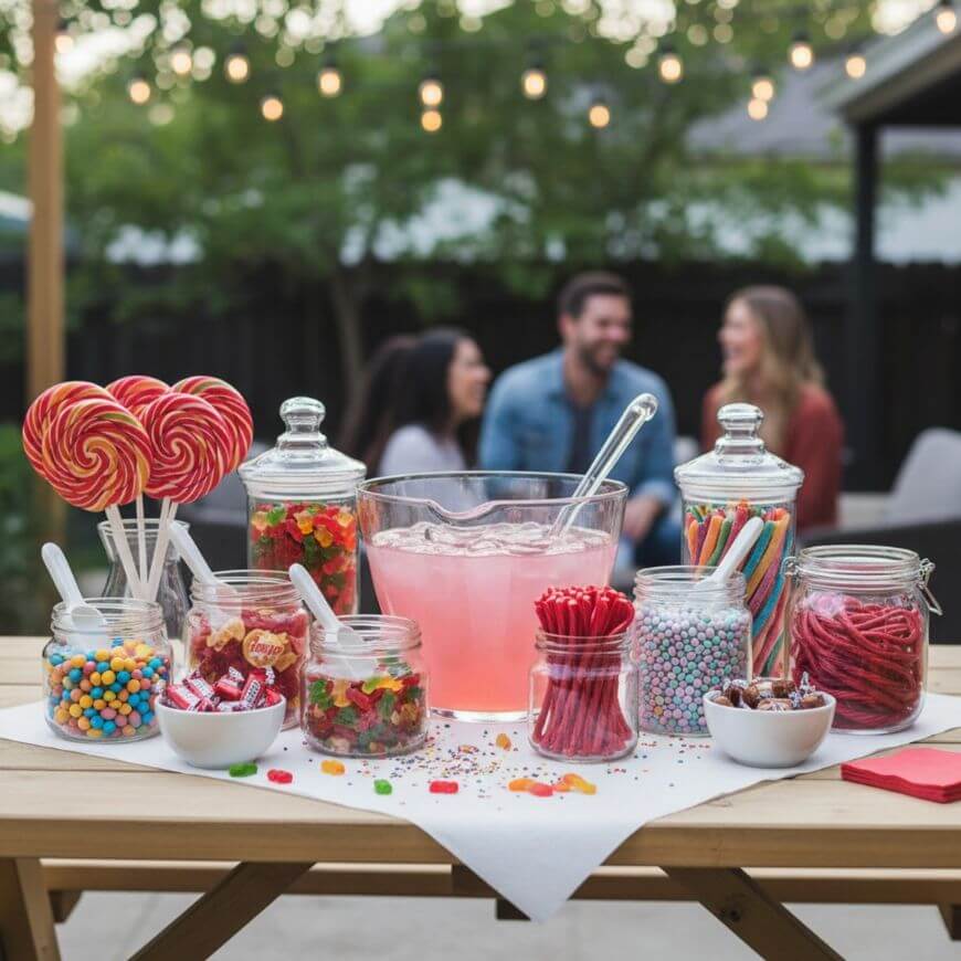 A wooden table outdoors holds jars of colorful candies, lollipops, and a glass pitcher of pink lemonade with cups. Three people sit and talk in the blurred background under string lights.