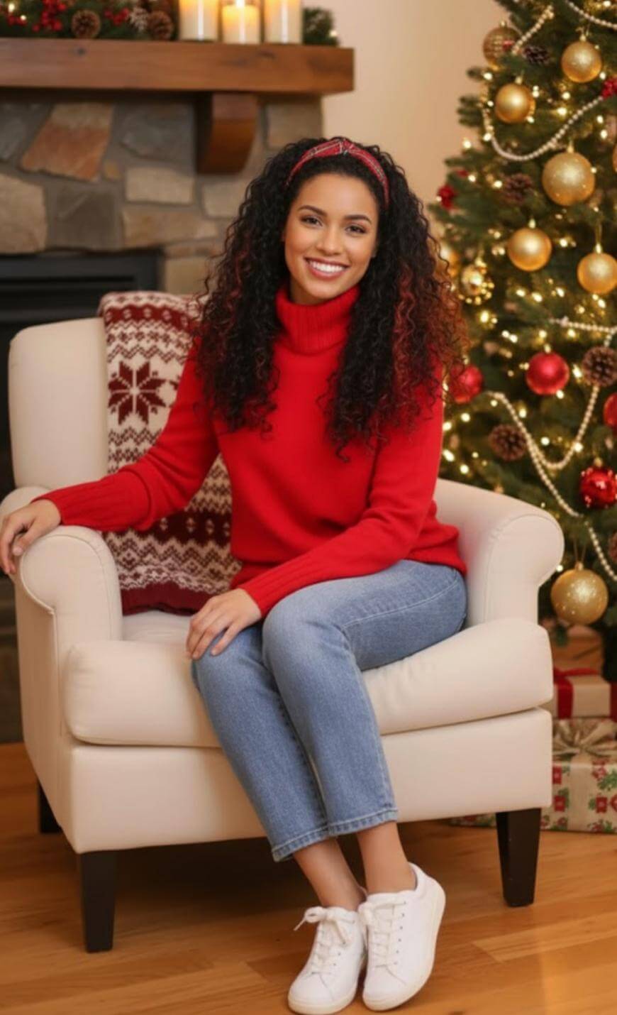 A woman with curly hair sits on a cream armchair, smiling. She wears a red sweater, jeans, and white sneakers. Behind her is a decorated Christmas tree and a fireplace with candles and stockings.