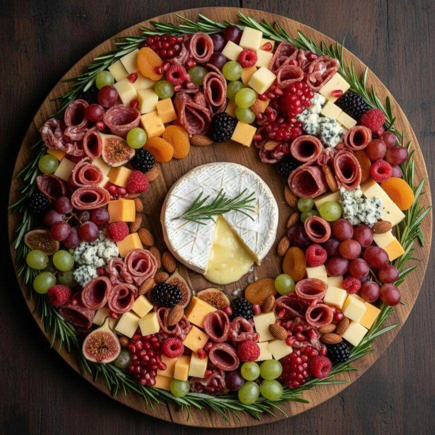A round wooden platter with a wheel of brie cheese in the center, surrounded by assorted meats, cheeses, grapes, berries, nuts, dried apricots, and sprigs of rosemary arranged in a wreath shape.