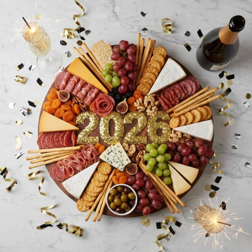 A festive charcuterie board with assorted cheeses, crackers, meats, fruits, nuts, and olives is arranged around gold “2026” numbers. Champagne, sparklers, and confetti decorate the marble table.