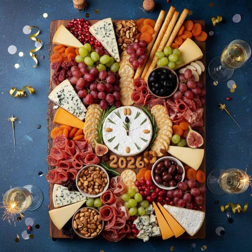 A festive charcuterie board arranged with meats, cheeses, fruits, nuts, and crackers in a clock shape showing midnight, surrounded by “2026” numbers, glasses of champagne, and confetti on a blue surface.