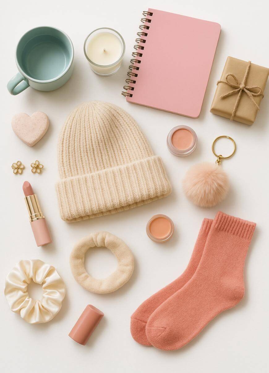 Flat lay of cozy items including a cream knit beanie, pink socks, scrunchies, a coffee mug, candle, pink notebook, wrapped gift, lipstick, earrings, heart-shaped cookie, and a pink pom-pom keychain on a white background.