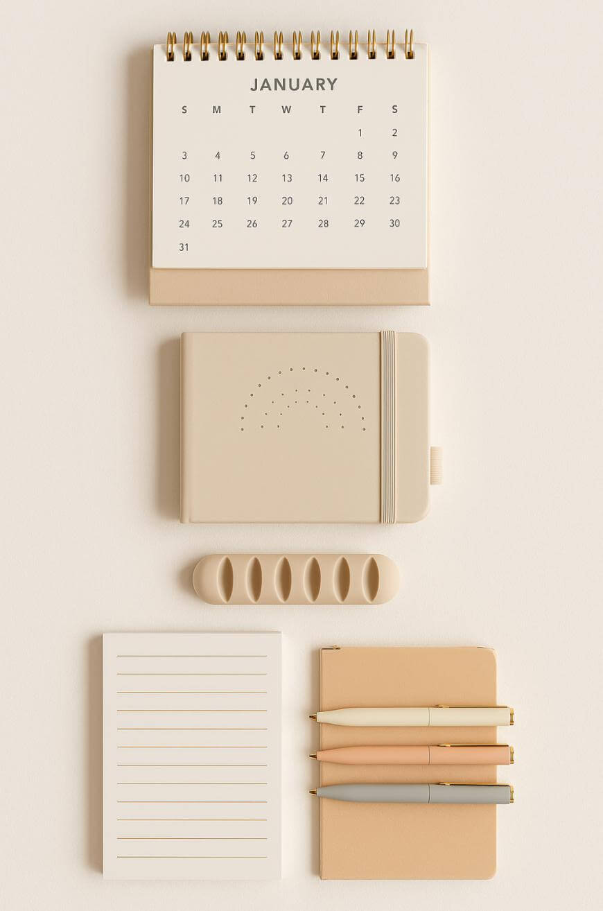 A flat lay of beige stationery: a January desk calendar, a closed notebook, a pen holder with four beige pens, an open lined notepad, and a small beige case, all arranged neatly on a light background.