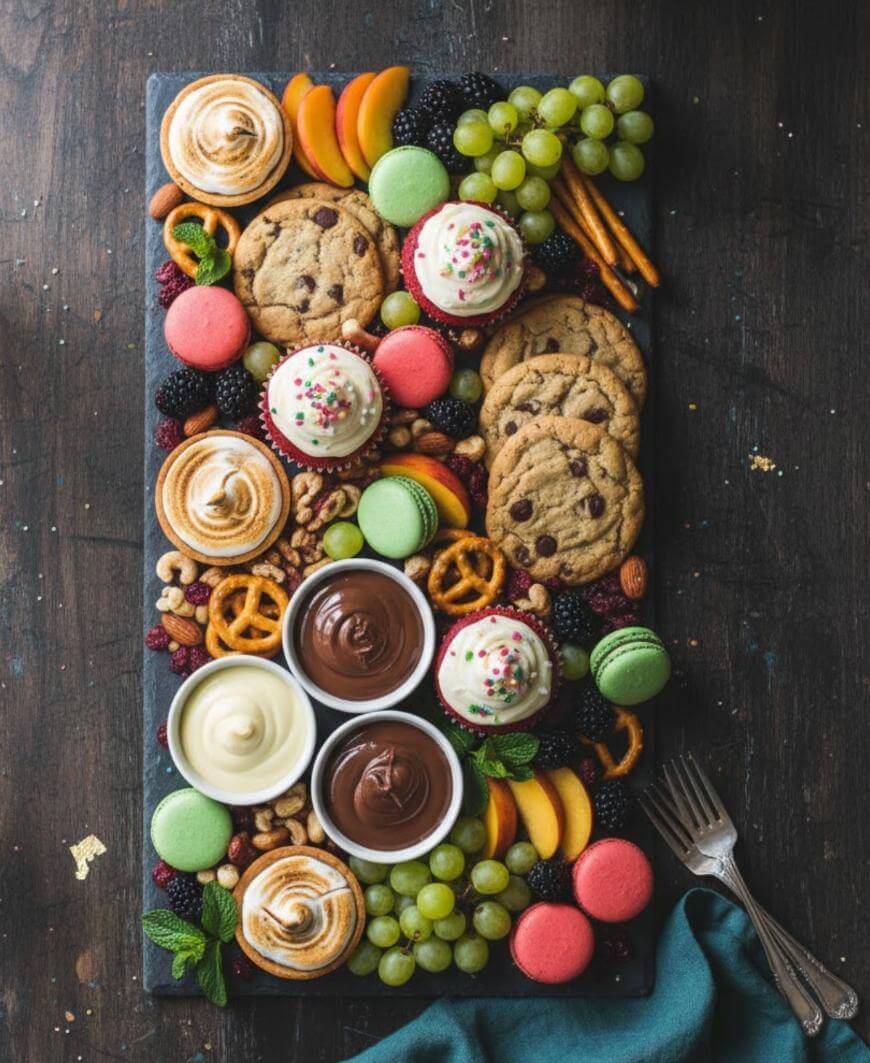 A dessert board with cupcakes, chocolate chip cookies, macarons, mini tarts, pretzels, grapes, blackberries, nuts, and three bowls of chocolate and vanilla dips, arranged neatly on a dark wooden surface with two forks on the side.