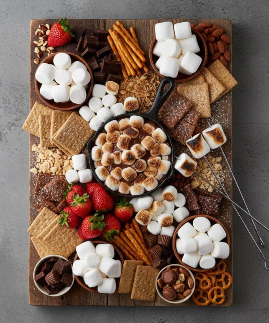 A wooden board topped with toasted marshmallows in a skillet, surrounded by graham crackers, chocolate, strawberries, pretzels, almonds, and bowls of marshmallows, creating a smores-themed dessert spread.