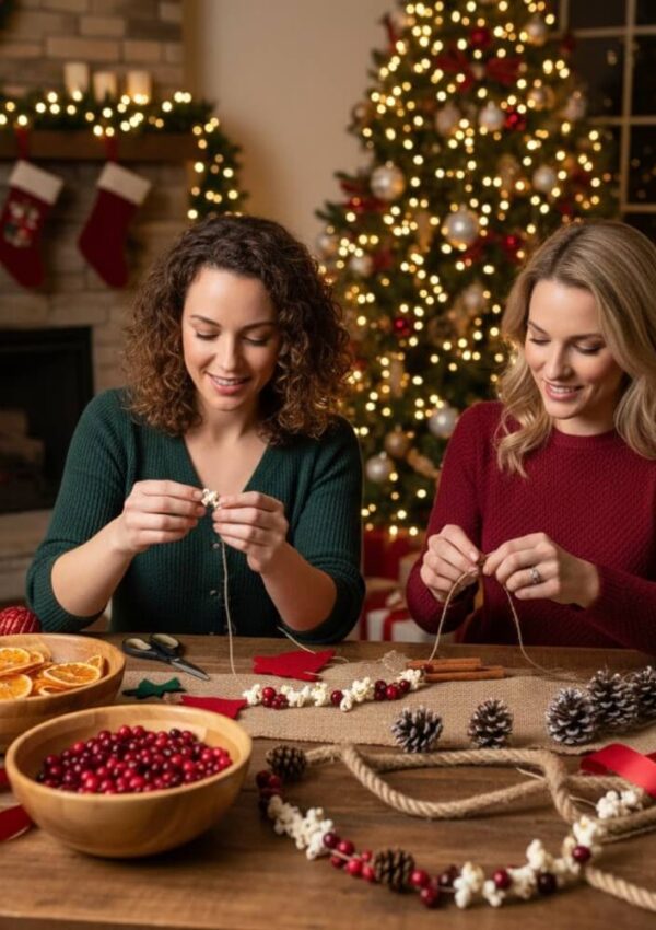 Two women sit at a table making holiday garlands with popcorn, cranberries, pinecones, and orange slices. A decorated Christmas tree and lit fireplace are in the background, creating a cozy festive atmosphere.