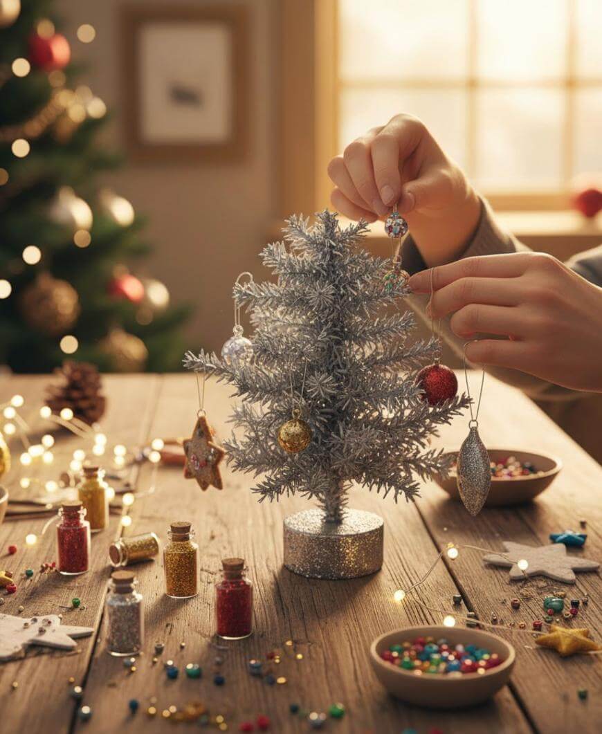 A person decorates a small silver Christmas tree with ornaments on a wooden table surrounded by bowls of colorful beads, glitter, and festive decorations. Warm lights and a Christmas tree are visible in the background.