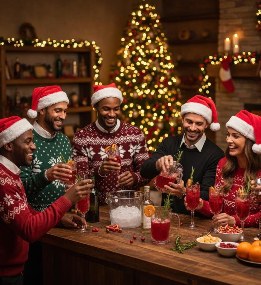 A group of friends in festive sweaters and Santa hats cheerfully making and enjoying holiday drinks around a decorated table, with a Christmas tree and warm lights in the background.