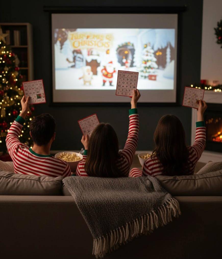 Three people in matching red and white striped pajamas sit on a couch, holding up bingo cards and watching a Christmas movie on TV in a cozy, decorated living room with a Christmas tree and popcorn bowls.