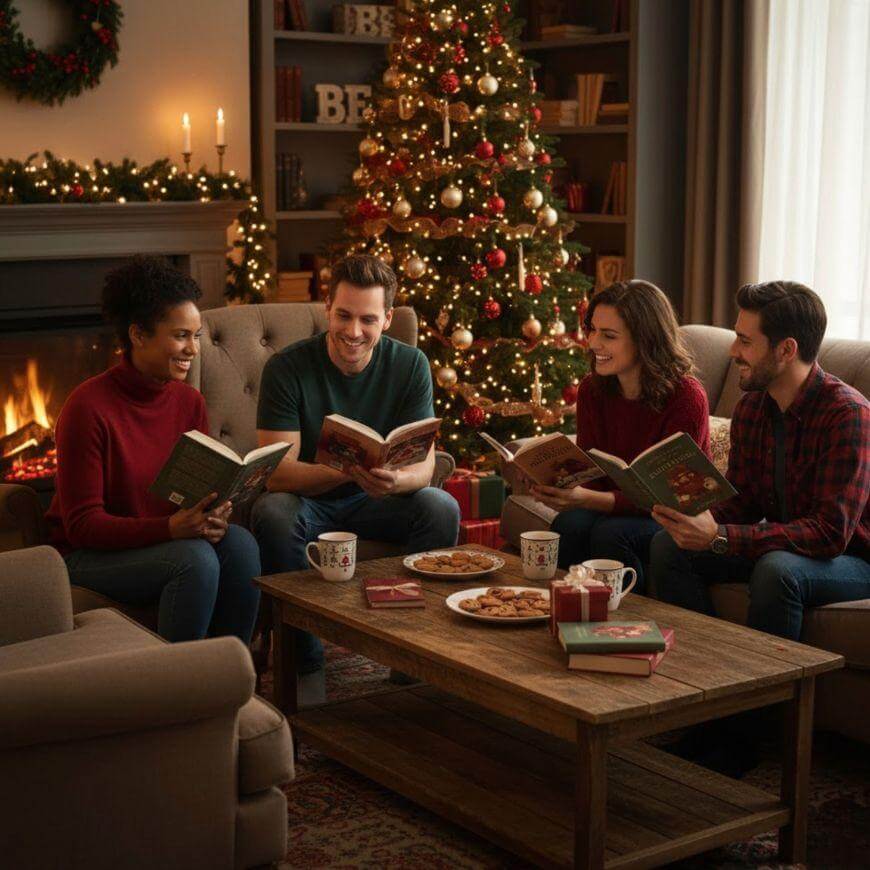 Four friends sit together in a cozy living room decorated for Christmas, reading books and smiling. A festive tree and fireplace glow in the background, with mugs and cookies on the wooden coffee table.