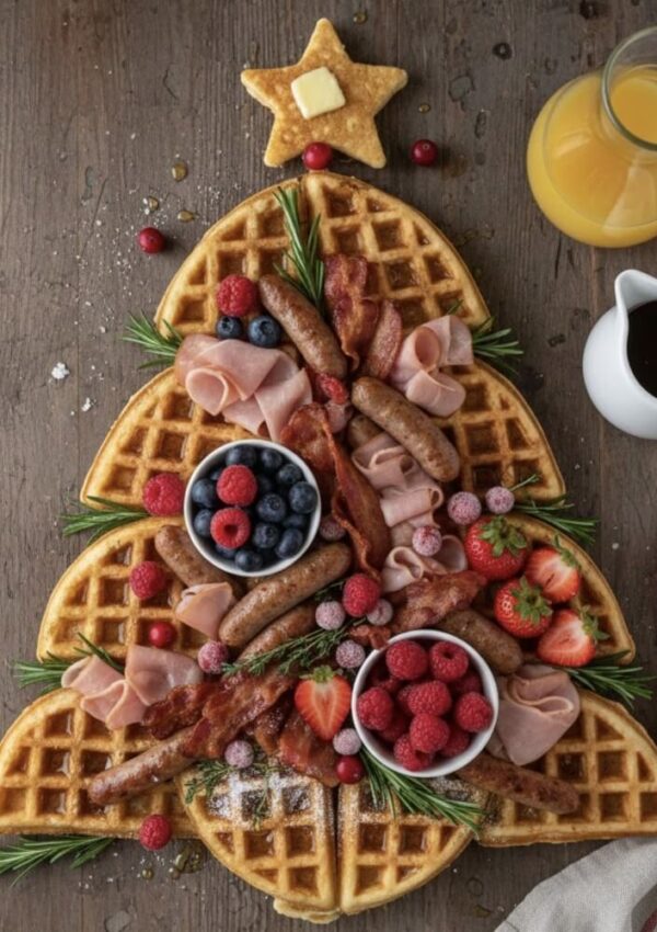 A Christmas tree-shaped arrangement of waffles on a wooden table, topped with bacon, sausage, ham, berries, rosemary, and a star-shaped waffle with butter. Orange juice and syrup are nearby.