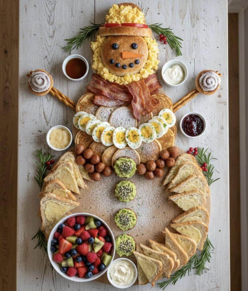 A festive breakfast platter arranged as a snowman, made with pancakes, bread, eggs, fruit, bacon, pastries, and dipping sauces on a wooden table, with greenery accents on the sides.