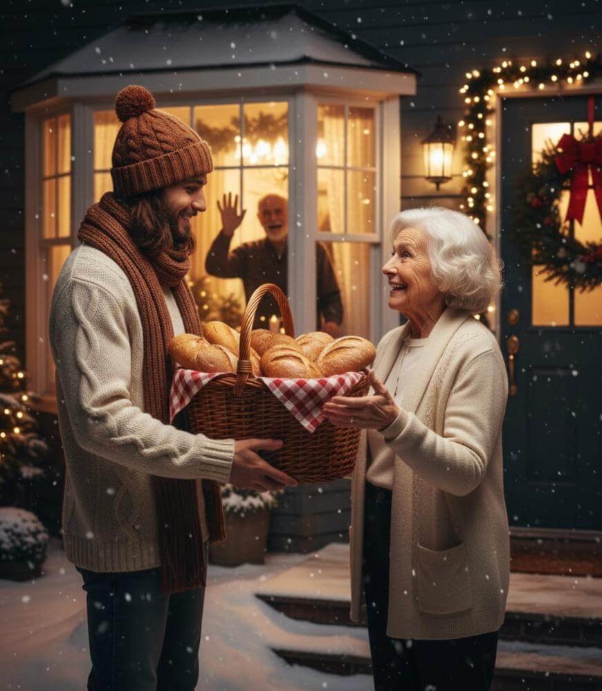 A smiling young man gives a basket of bread to an elderly woman outside a warmly lit house decorated with Christmas lights, while an older man waves from inside. Snow is gently falling.