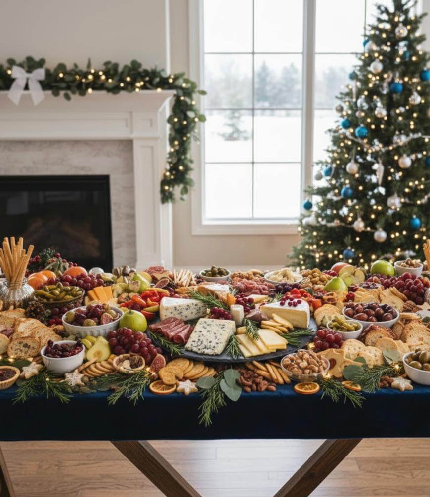 A festive holiday table is filled with assorted cheeses, fruits, crackers, nuts, and meats. Behind it, a decorated Christmas tree and a garlanded fireplace with a white bow are visible, with snow outside the window.