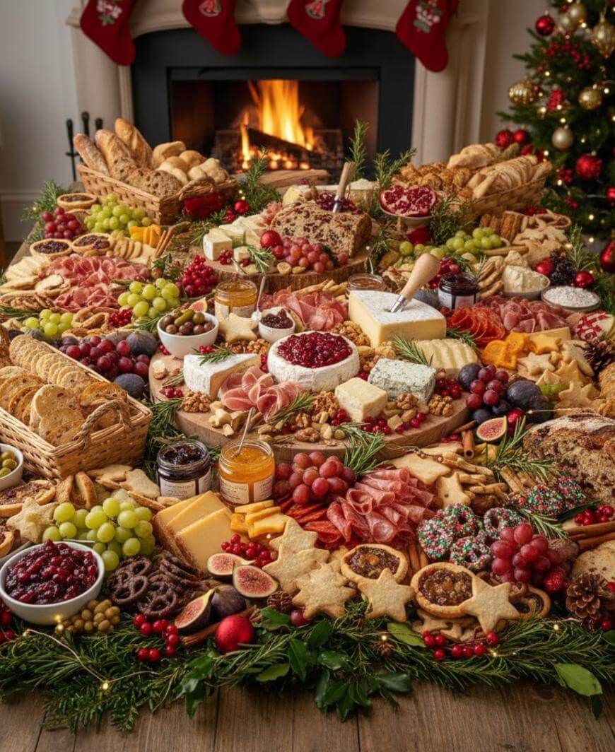 A festive table is filled with assorted cheeses, meats, crackers, bread, fruit, jams, nuts, and holiday cookies. Christmas decorations, a lit fireplace, and a decorated tree add to the cozy holiday atmosphere.