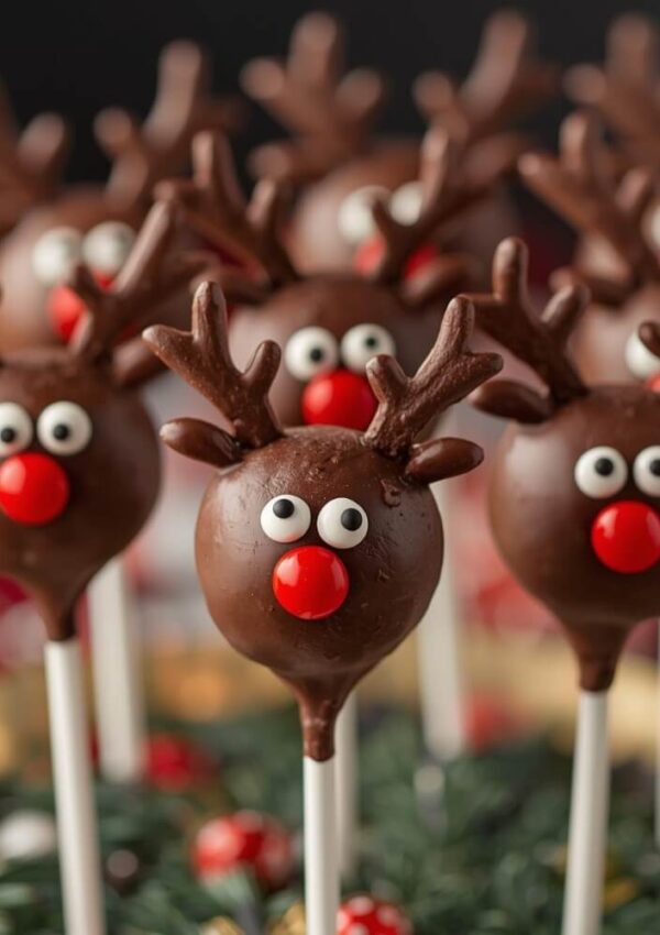 Chocolate cake pops decorated as reindeer with red candy noses, candy eyes, and chocolate antlers on white sticks, arranged in a festive setting.