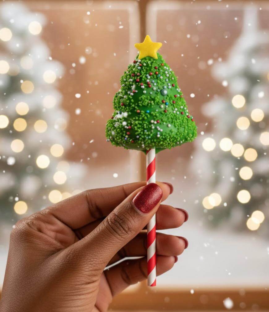 A hand with red nail polish holds a Christmas tree-shaped cake pop decorated with green sprinkles, multicolored dots, and a yellow star. Snow falls softly, with blurred holiday lights and trees in the background.