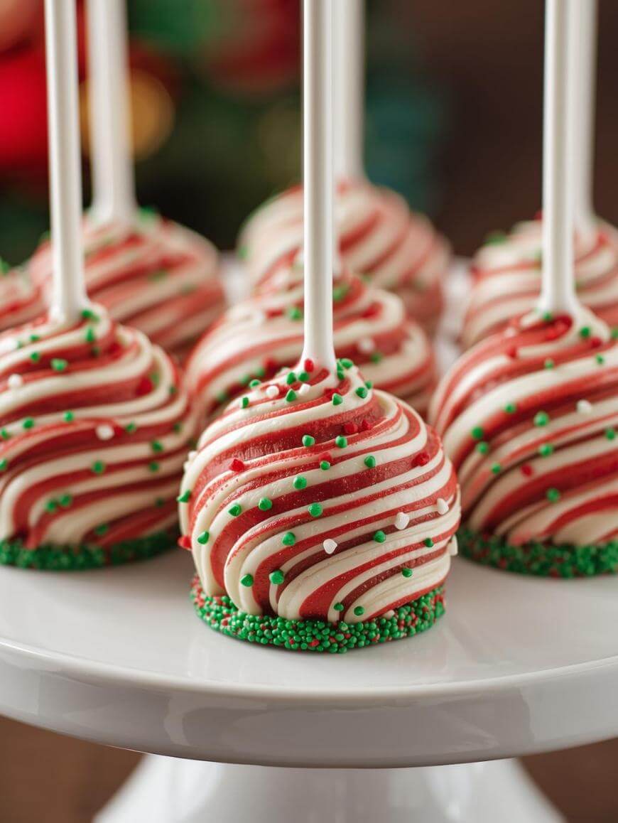 Six cake pops with red and white swirled icing, topped with green, red, and white sprinkles, are displayed on a white cake stand. The festive decorations suggest a holiday or Christmas theme.