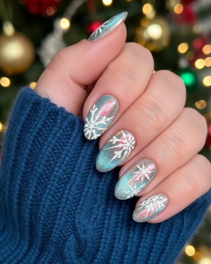 A hand with shimmery teal and pink nails, featuring white snowflake designs. The hand is partially covered by a blue sweater sleeve, with blurred holiday lights and ornaments in the background.