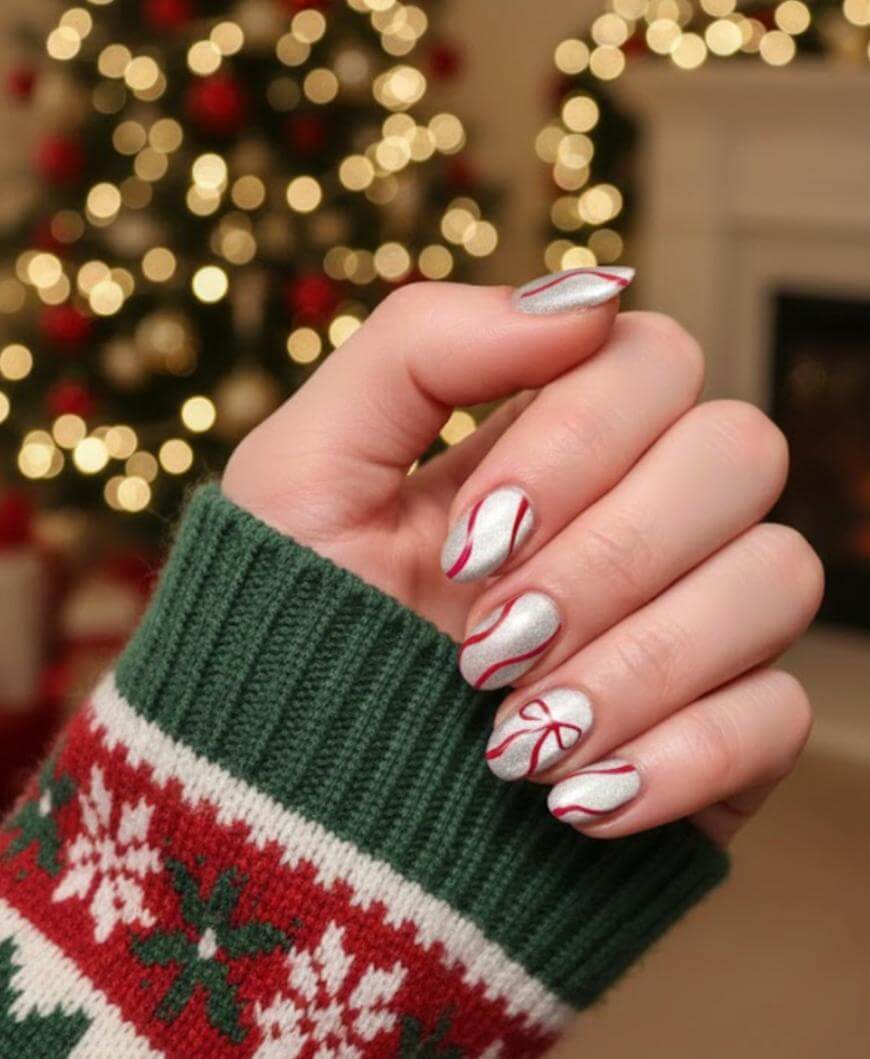 A hand with silver nails featuring red swirl designs and a bow, wearing a green sweater with red and white holiday patterns, is held up in front of a blurred Christmas tree and festive lights.