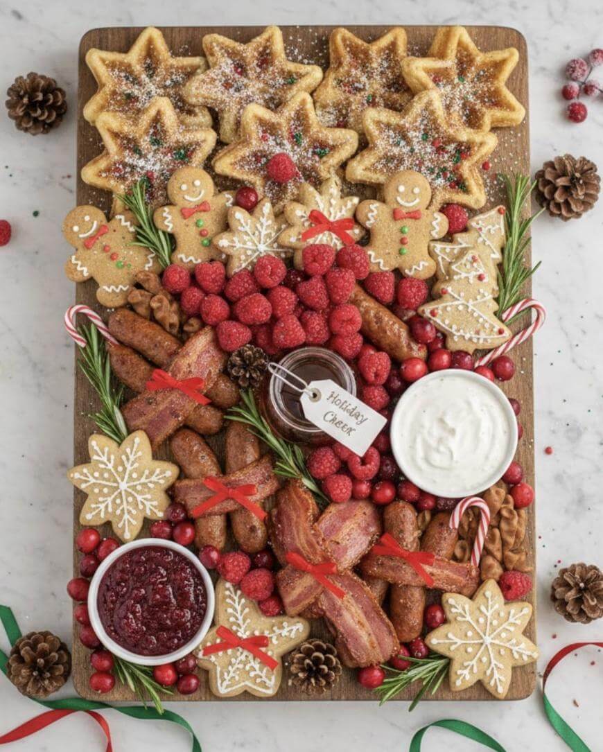 A festive charcuterie board with star and snowflake cookies, gingerbread men, waffles, sausages, bacon, raspberries, cranberries, rosemary, and dipping sauces, arranged on a wooden board with holiday decorations.