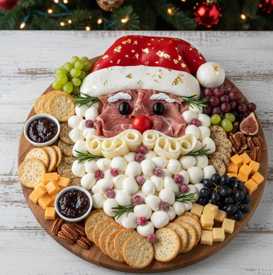 A festive charcuterie board arranged as Santa’s face using meats, cheeses, and vegetables, surrounded by crackers, fruit, nuts, and jam. A decorated Christmas tree is visible in the blurred background.