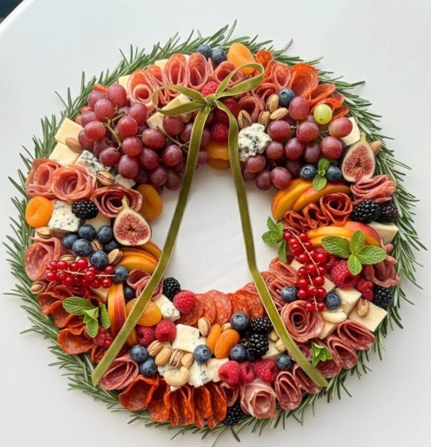 A festive wreath-shaped charcuterie board decorated with meats, cheeses, grapes, figs, berries, nuts, herbs, and apricots, topped with a green velvet ribbon, arranged on a white surface.