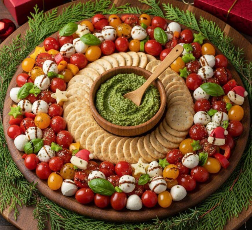 A festive wreath-shaped platter with cherry tomatoes, mozzarella balls, basil, and star-shaped cheese, encircling round crackers and a bowl of green dip in the center, garnished with fresh herbs.