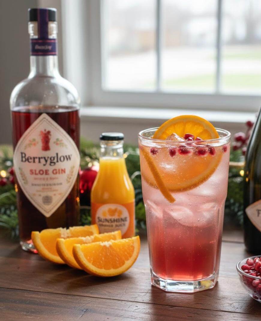 A glass of pink cocktail with ice, orange slices, and pomegranate seeds, sits on a wooden table beside sliced oranges, a bottle of Berryglow Sloe Gin, a small bottle of juice, and festive greenery.