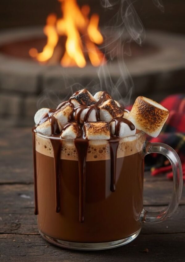 A glass mug of hot chocolate topped with toasted marshmallows and drizzled chocolate sits on a wooden table; a fire pit with flames burns in the background, next to a red plaid blanket.
