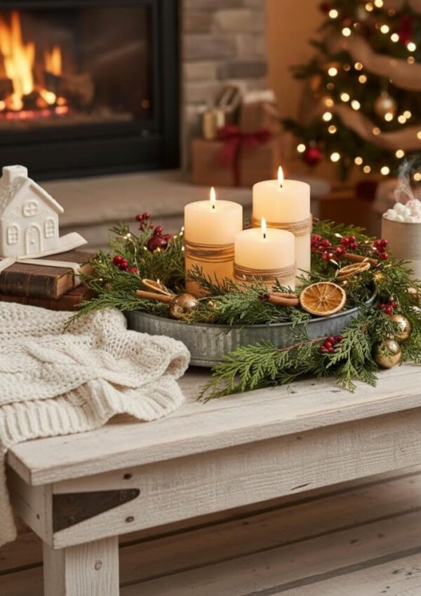 A cozy holiday scene with three lit candles, greenery, and ornaments on a rustic coffee table, next to a knit blanket. A fireplace glows in the background, with a Christmas tree and wrapped gifts nearby.