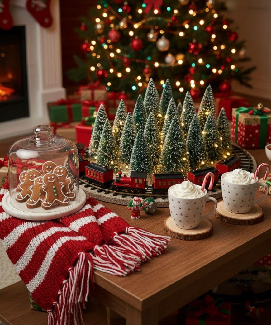 A festive scene with a decorated Christmas tree, gifts, and a toy train circling bottlebrush trees. In the foreground are mugs of hot chocolate with whipped cream and candy canes, gingerbread cookies, and a red-striped blanket.