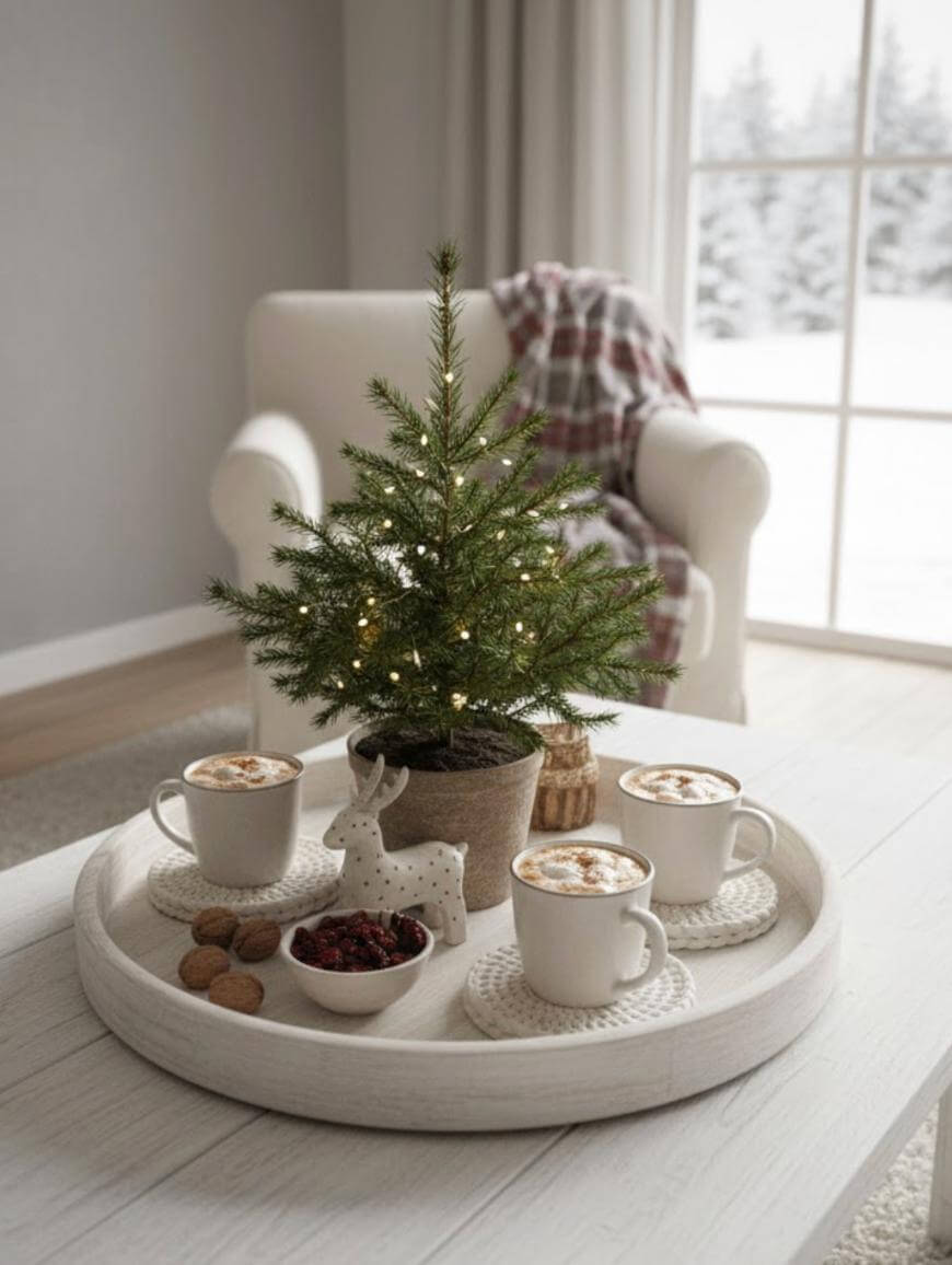 A cozy living room scene with a small, lit Christmas tree on a round tray, surrounded by three mugs of hot drink, cookies, a bowl of berries, and a ceramic reindeer. An armchair with a plaid blanket and snowy window are in the background.