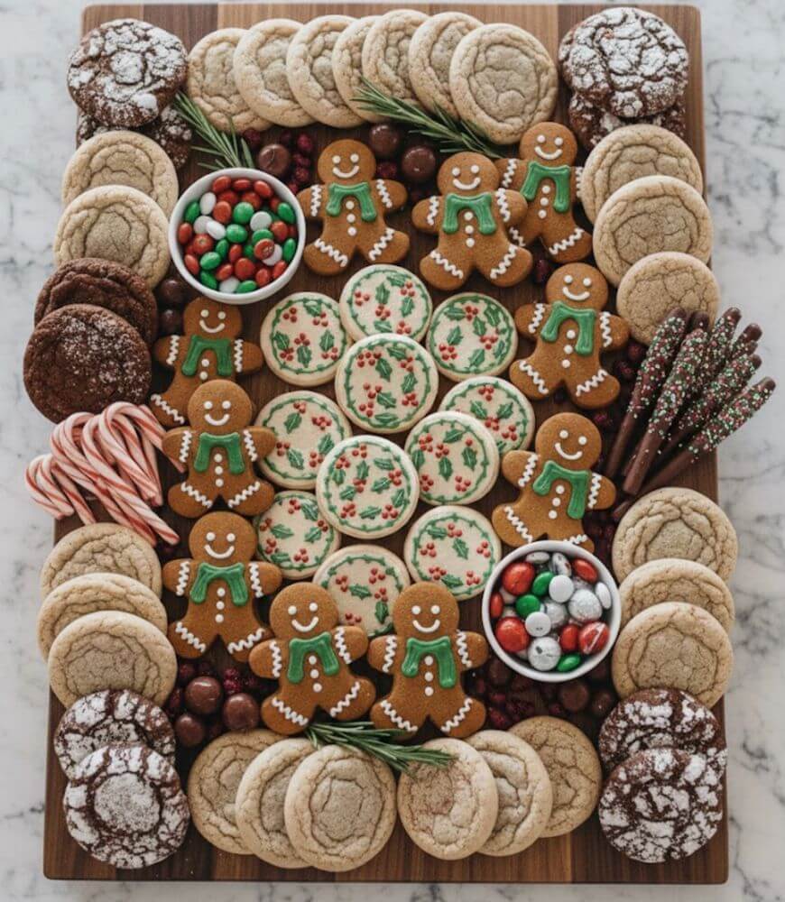 A festive platter filled with gingerbread men, decorated sugar cookies, assorted chocolate and vanilla cookies, chocolate sticks with sprinkles, candy canes, and bowls of red, green, and white candies.