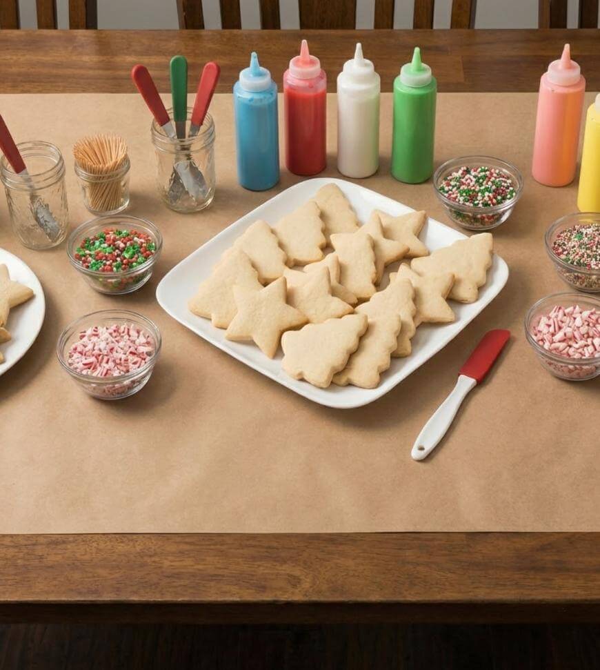A table set for decorating cookies with plain sugar cookies shaped like stars and trees, colorful icing bottles, bowls of sprinkles and crushed candies, spatulas, and jars with utensils.