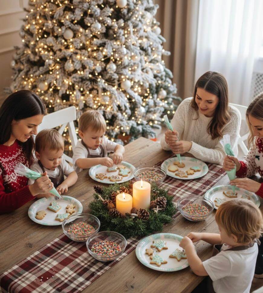 Five children and two adults decorate cookies together at a festive table with candles, sprinkles, and icing, in front of a lit Christmas tree. The room is cozy and filled with holiday decorations.