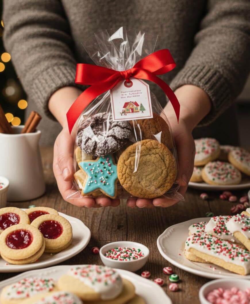 A person holds a clear gift bag with assorted cookies, tied with a red ribbon and holiday tag. Plates of decorated cookies and sprinkles are on a wooden table, with a festive, blurred background.