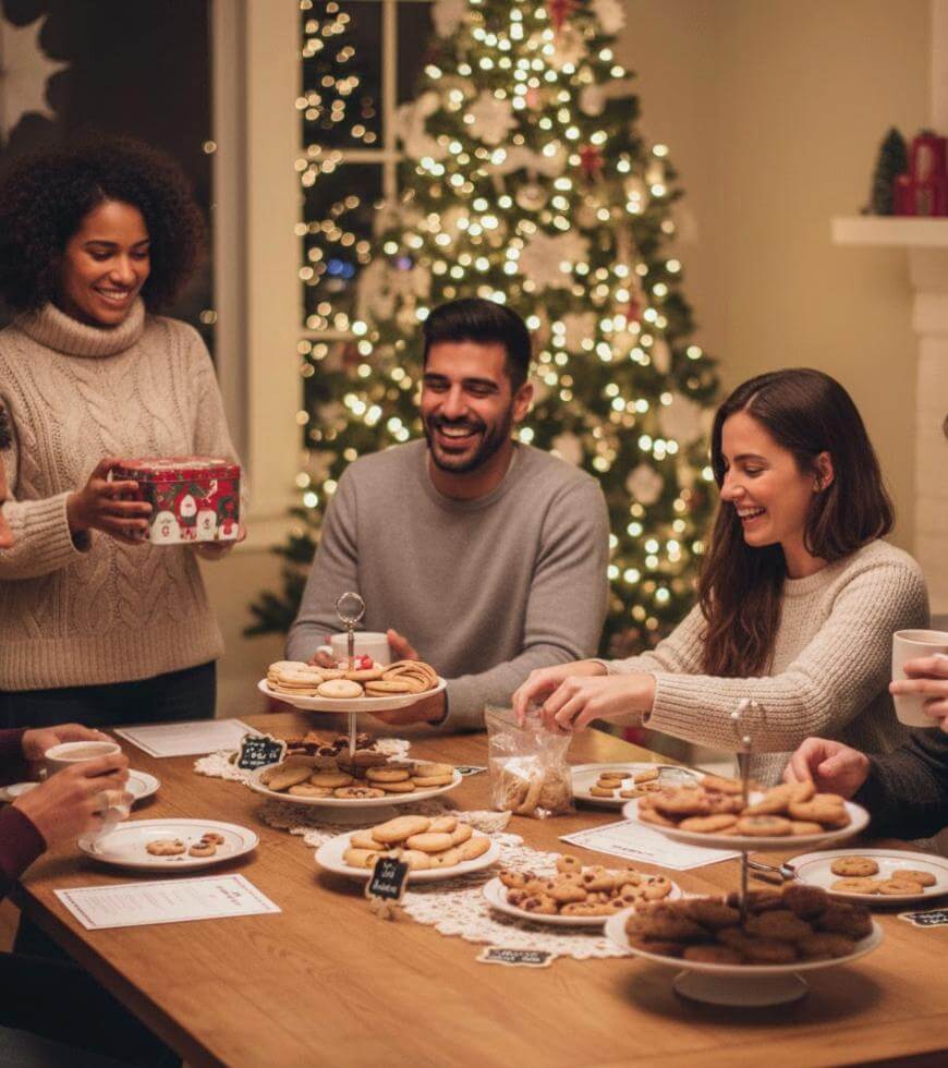 Four people sit around a table with cookies, laughing and enjoying hot drinks, while one person hands over a festive gift. A decorated Christmas tree with lights is in the background. The setting is warm and cozy.