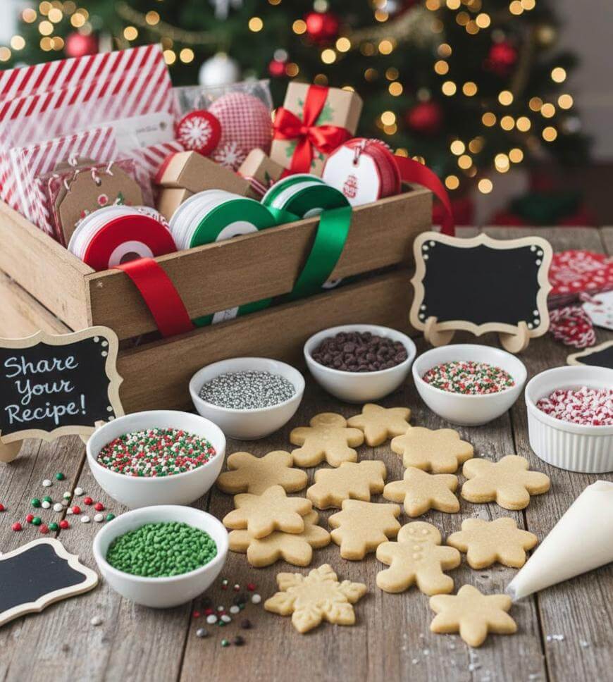 A holiday cookie decorating setup with unbaked sugar cookies in festive shapes, bowls of colorful sprinkles, candies, a piping bag, chalkboard signs, and a wooden crate of gift supplies. A decorated Christmas tree is in the background.
