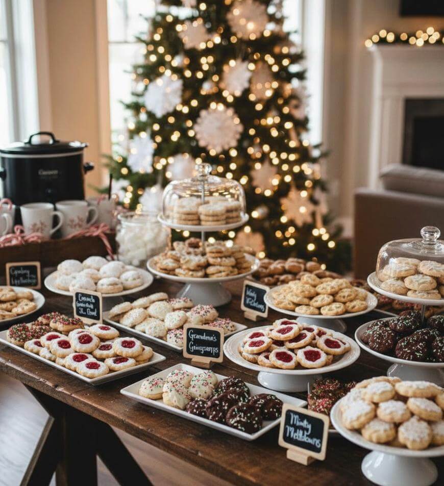 A festive table filled with assorted holiday cookies, labeled with small signs, is set in front of a decorated Christmas tree with white lights and ornaments in a cozy living room.