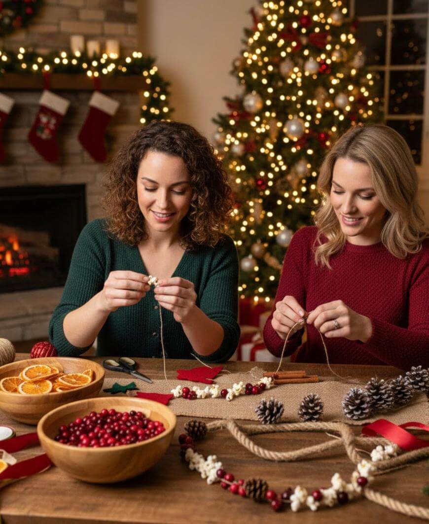 Two women sit at a table making holiday garlands with popcorn, cranberries, and pinecones. A Christmas tree and stockings hang by a fireplace in the cozy, warmly decorated room.